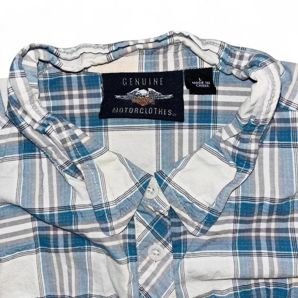 ✨ Harley Davidson Blue Plaid Sleeveless Button Up Shirt ✨ - Picture 4 of 5
